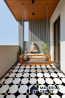 Balcony with patterned tiles and swing in 3bhk apartment in Durga Petals Marathahalli Bengaluru | Material Depot