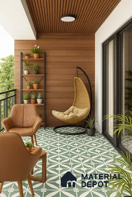 Balcony with Wooden Ceiling and Patterned Floor Tiles in 3BHK Apartment, Brigade Metropolis Mahadevpura Whitefield | Material Depot