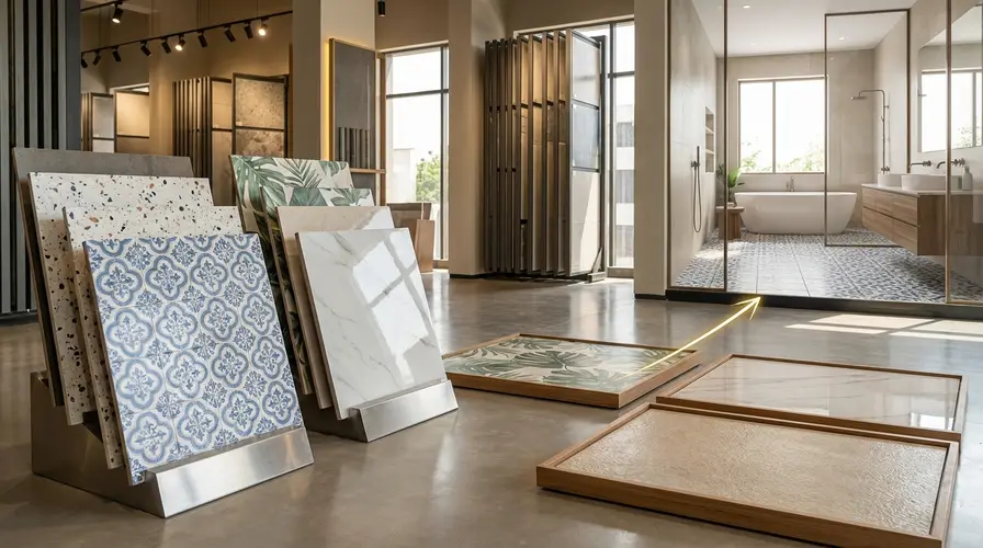 Image showing the materials sample of Bathroom Floor Tiles in Hyderabad Store along with the mockup image of its application area