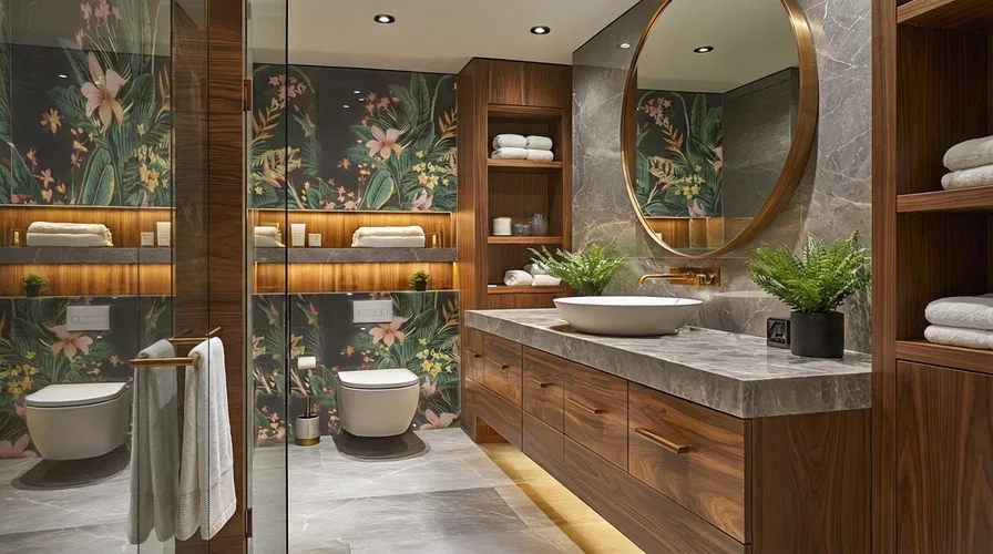 Tropical and Marble Tile in Modern Bathroom