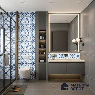 Bathroom with Blue Moroccan Pattern Tile Accents, Large-Format Grey Tiles, Floating Vanity with Backlit Mirror & Glass Shower Partition in Prestige Royal Garden Doddaballapur | Material Depot