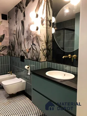 Bathroom with blue subway and tropical tile | Material Depot
