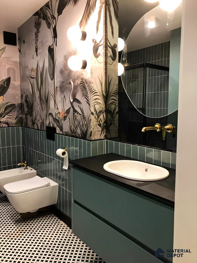 Bathroom with blue subway and tropical tile | Material Depot