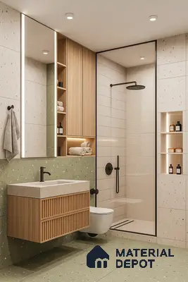 Bathroom with Green Terrazzo Floor & Dado, Fluted Laminate Vanity, Laminate Tall Unit, Glass Shower Partition with Black Hardware & White Kit-Kat Shower Wall Tiles at Prestige Misty Waters Hebbal | Material Depot