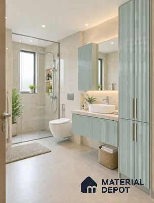 Bathroom with Sage Green Fluted High-Gloss Laminate Vanity and Tall Unit