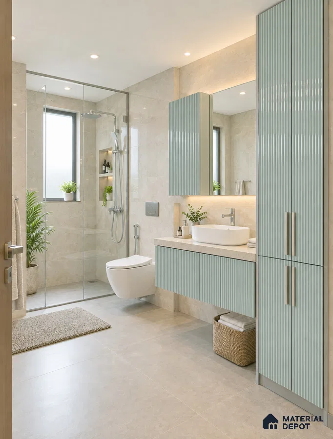 Bathroom with Sage Green Fluted High-Gloss Laminate Vanity and Tall Unit