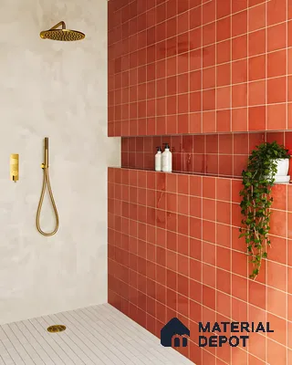 Bathroom With Small Red Tiles With Attractive Geometric Floor Tiles | Material Depot