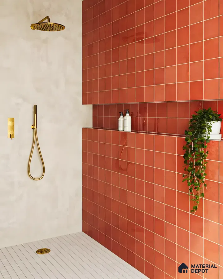 Bathroom With Small Red Tiles With Attractive Geometric Floor Tiles | Material Depot