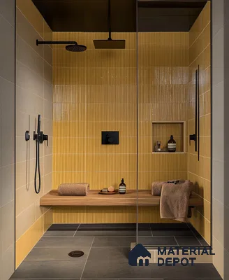 Luxury Modern Shower with Yellow Fluted Tiles and Wooden Bench | Material Depot