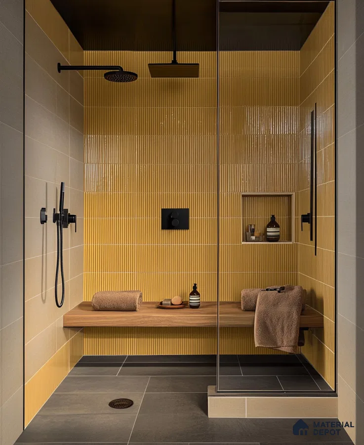 Luxury Modern Shower with Yellow Fluted Tiles and Wooden Bench | Material Depot