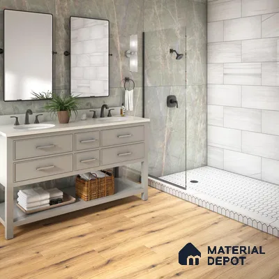 Bathroom with stone tiles and wooden floor