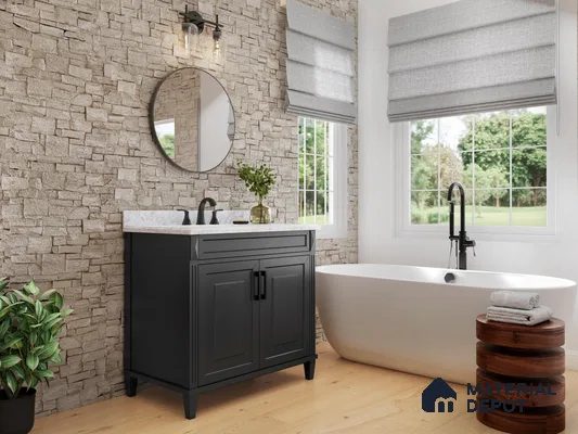 Bathroom with stone tile and wooden floor