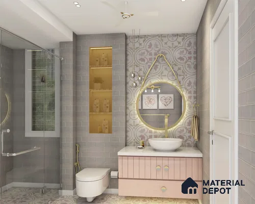 Charming bathroom with circular mirror.