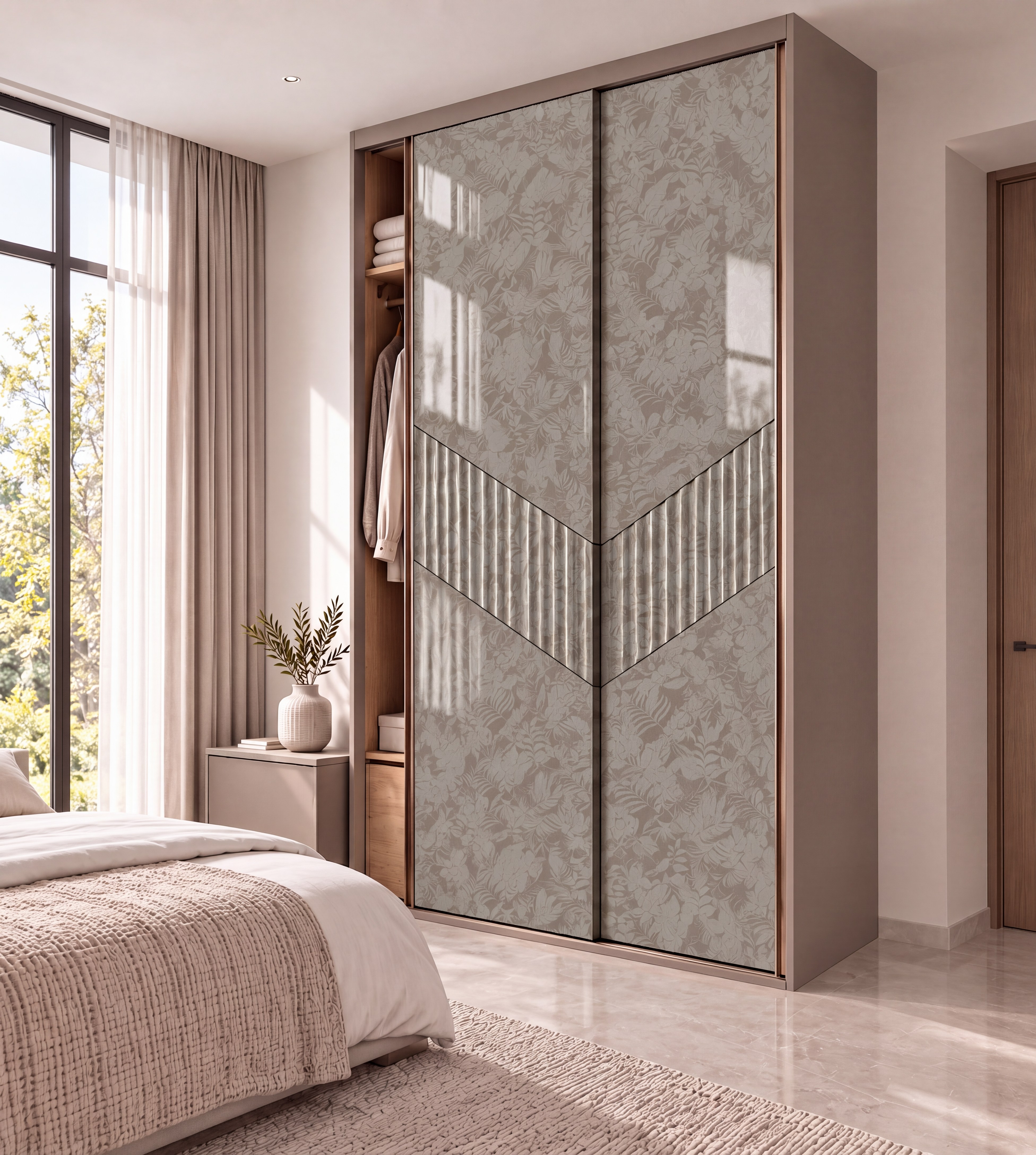 Bedroom Sliding Wardrobe with Botanical Leaf High-Gloss and Fluted Chevron Laminate
