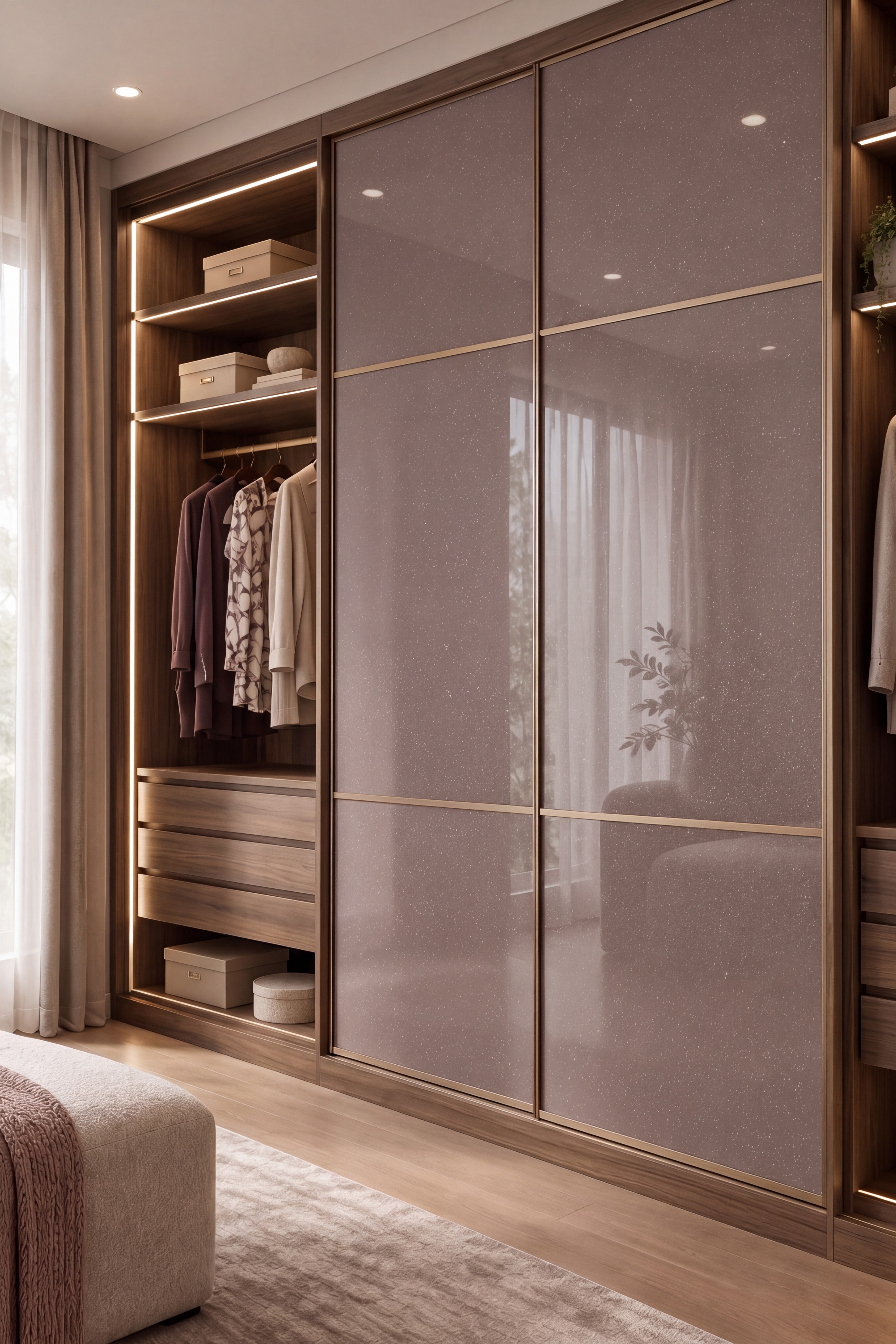 Bedroom Sliding Wardrobe with Bubblegum Pink Glitter High-Gloss Laminate and Walnut Interiors