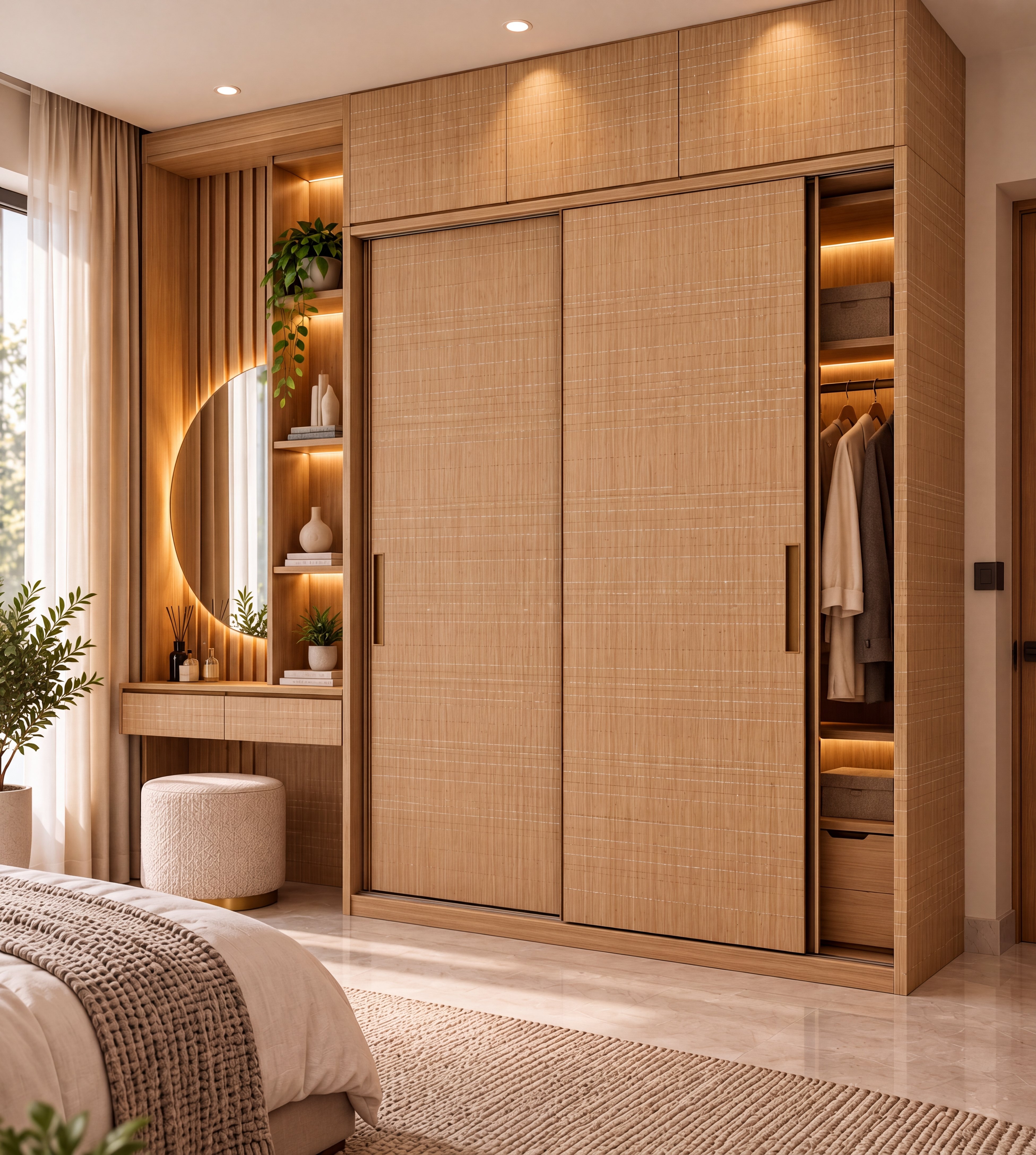 Bedroom Sliding Wardrobe with Honey Wood Cube Texture Laminate and Wooden Louvers