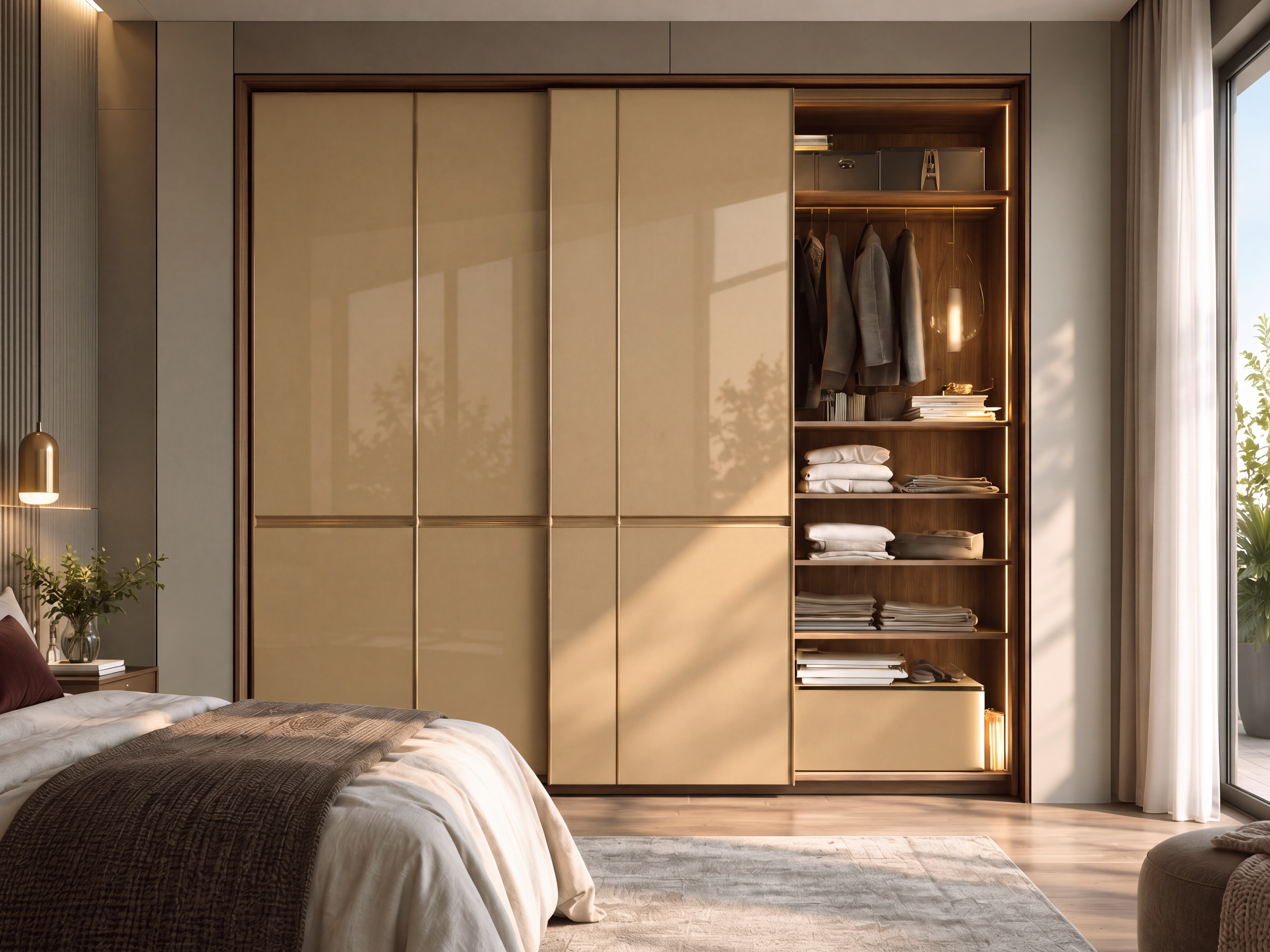 Bedroom Sliding Wardrobe with Sand Beige High-Gloss Laminate