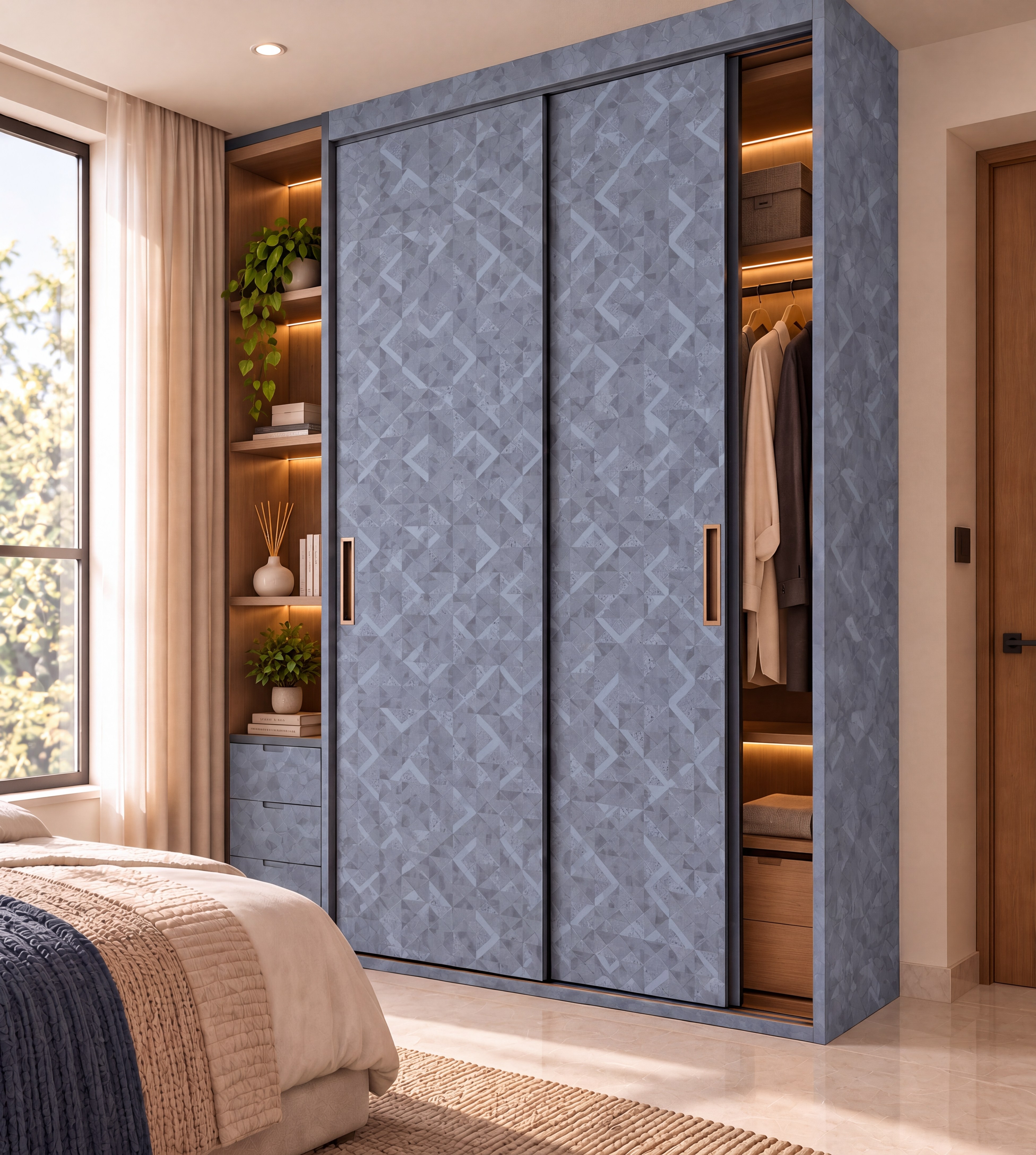 Bedroom Sliding Wardrobe with Slate Grey Abstract Geometric Laminate