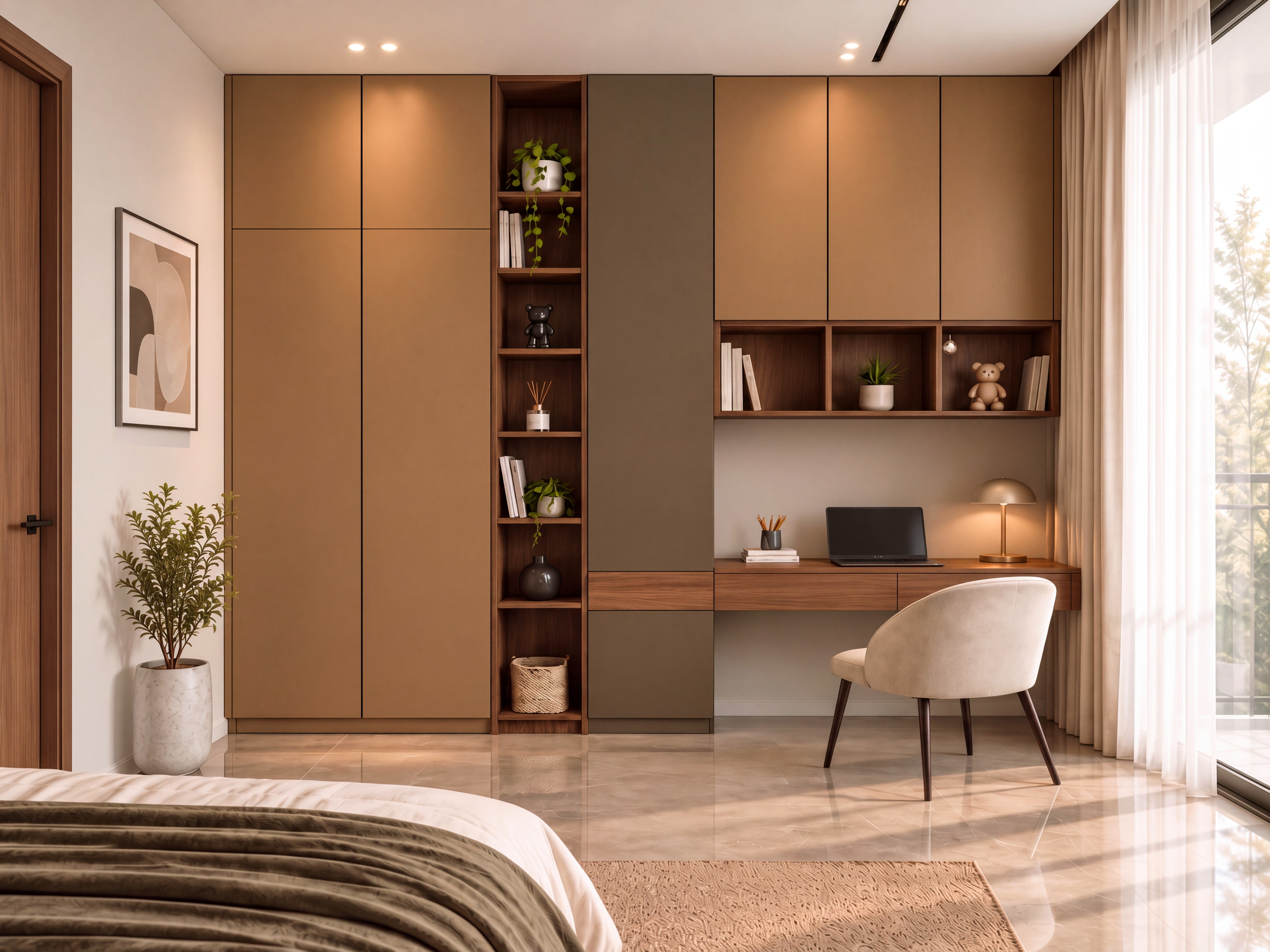 Bedroom Wardrobe and Study with Burnt Orange and Espresso Taupe Suede Laminate
