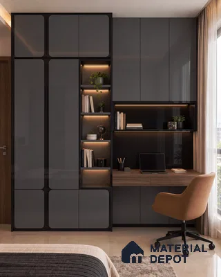 Bedroom Wardrobe and Study with Charcoal and Solid Black High-Gloss Laminate