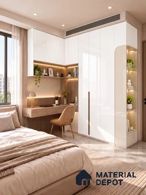 Bedroom Wardrobe and Study with Chiffon White Gloss and Natural Calico Laminate