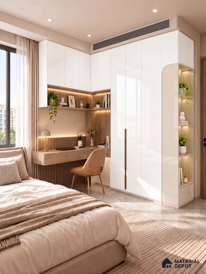 Bedroom Wardrobe and Study with Chiffon White Gloss and Natural Calico Laminate