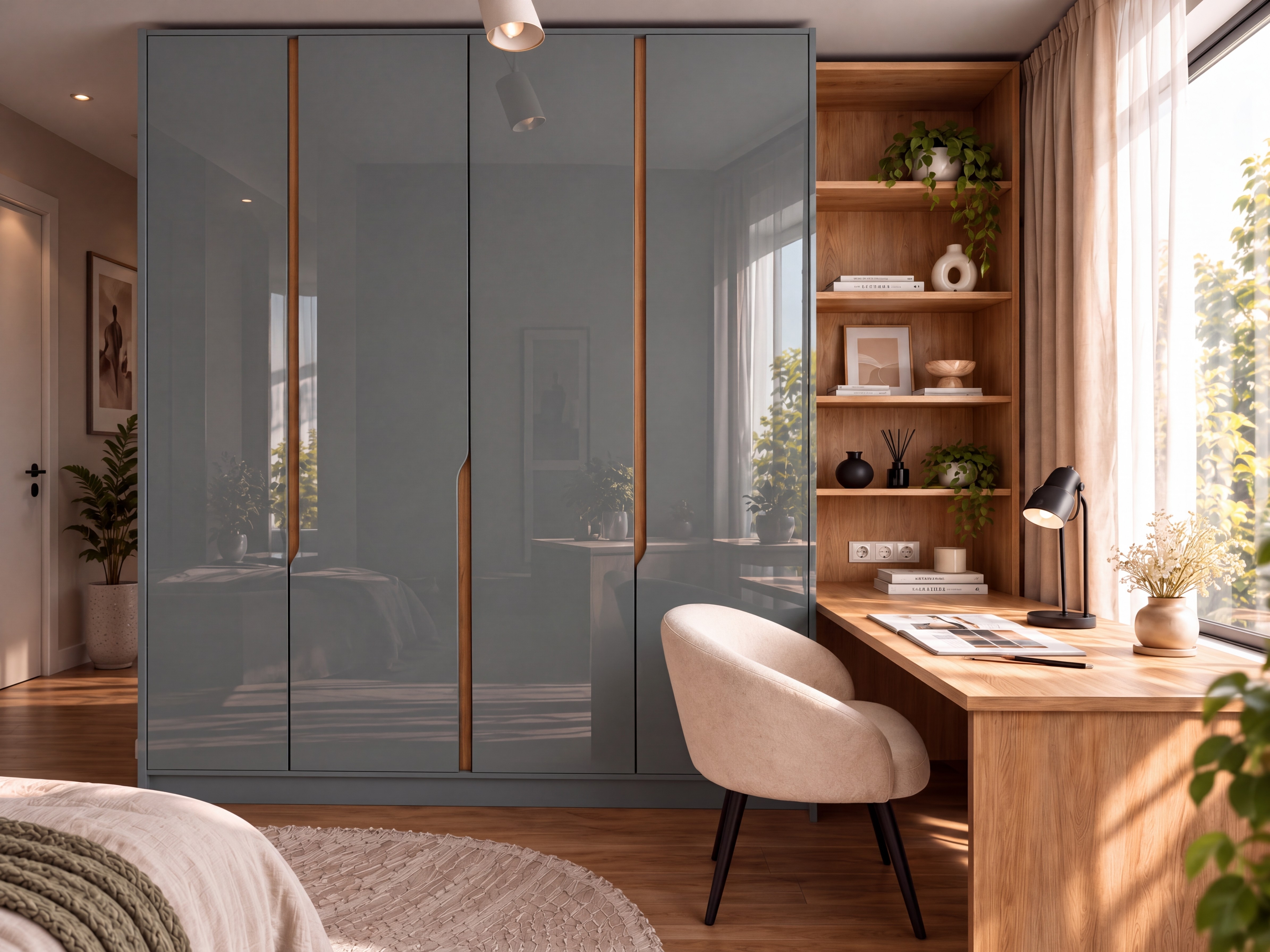 Bedroom Wardrobe and Study with Dark Grey High-Gloss Laminate and Oak Desk
