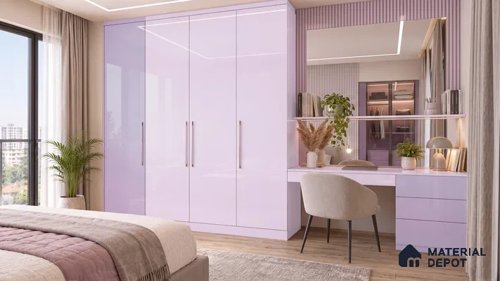 Bedroom Wardrobe and Study with Lilac Mist and Lotus Lite High-Gloss Laminate