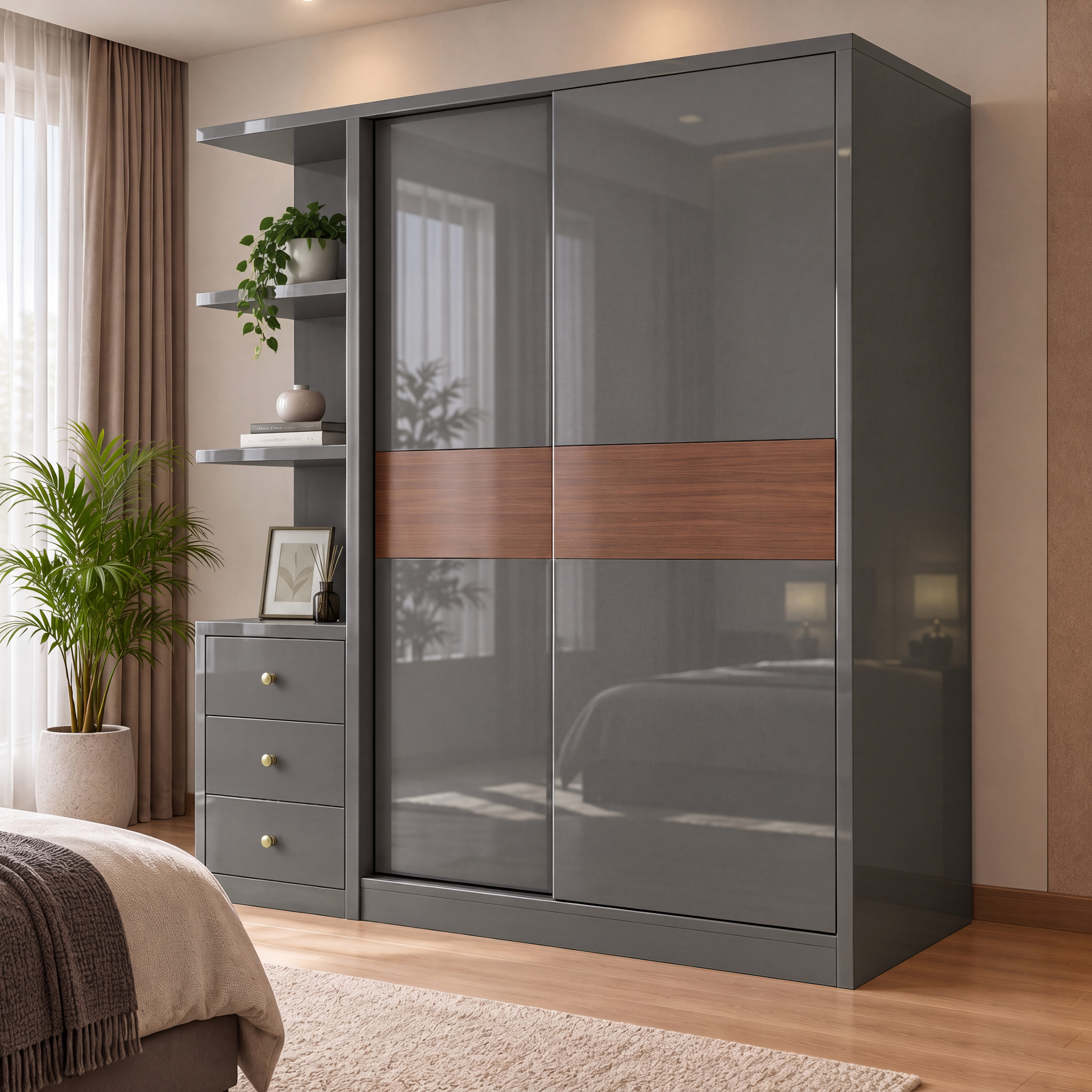 Bedroom Wardrobe and Study with Oyster Grey High-Gloss Laminate