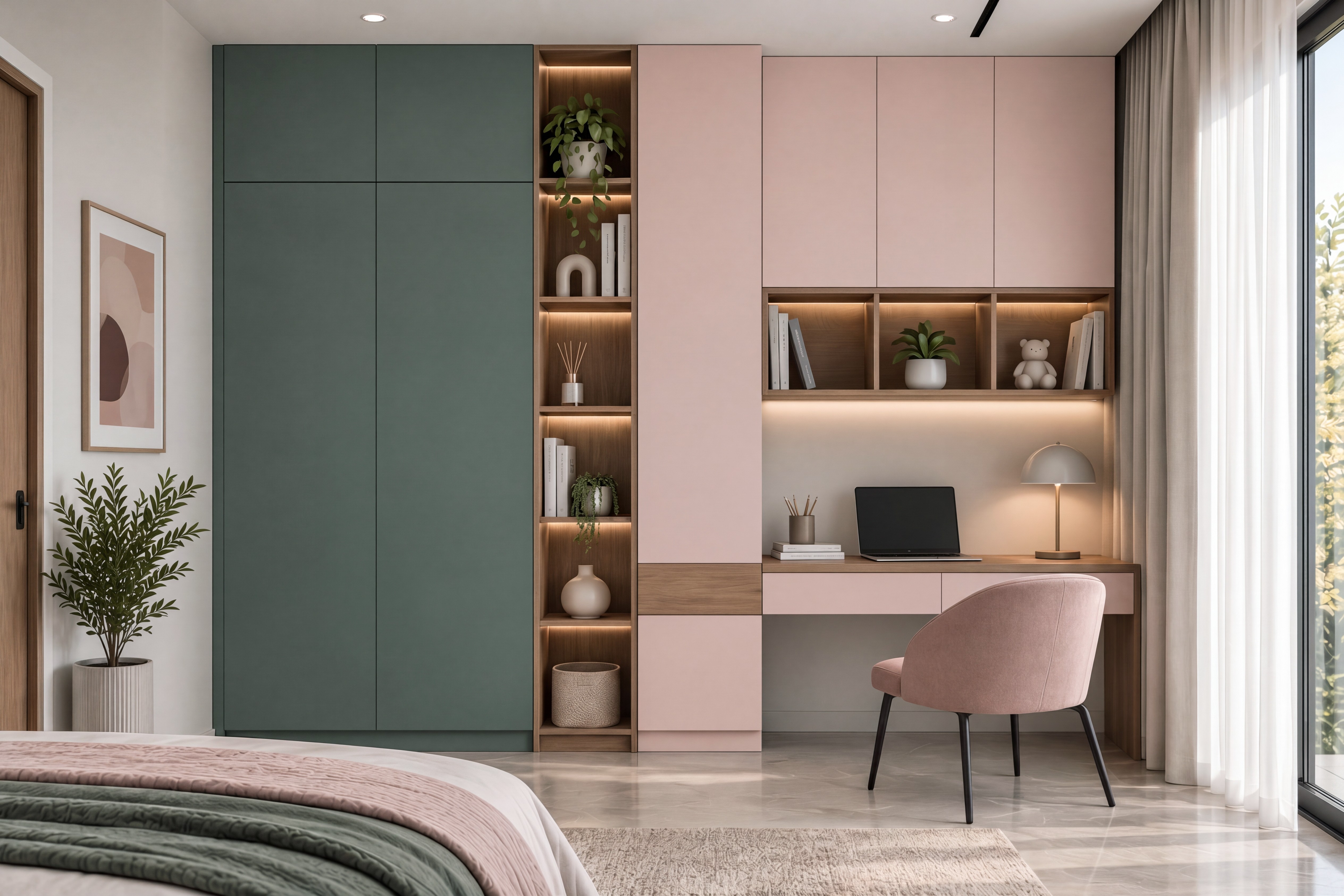 Bedroom Wardrobe and Study with Sage Green and Baby Pink Dry Matt Laminate