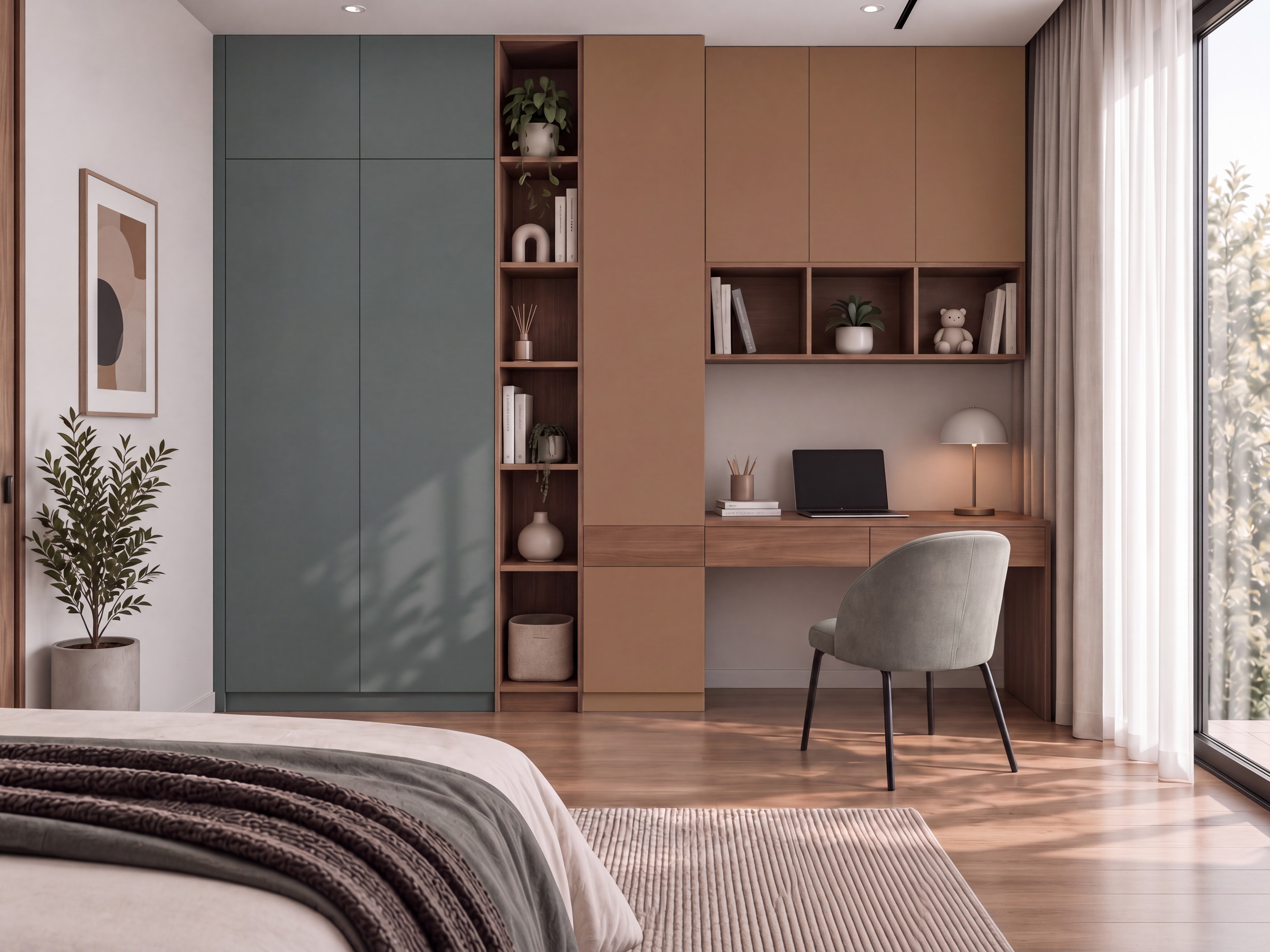Bedroom Wardrobe and Study with Slate Grey and Terracotta Taupe Suede Laminate