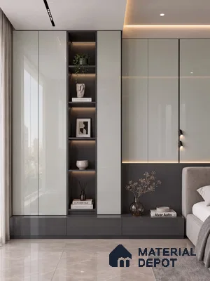 Bedroom Wardrobe Wall with Sublet Taupe High-Gloss and Charcoal Laminate