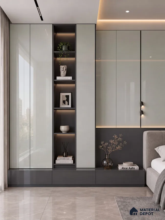 Bedroom Wardrobe Wall with Sublet Taupe High-Gloss and Charcoal Laminate