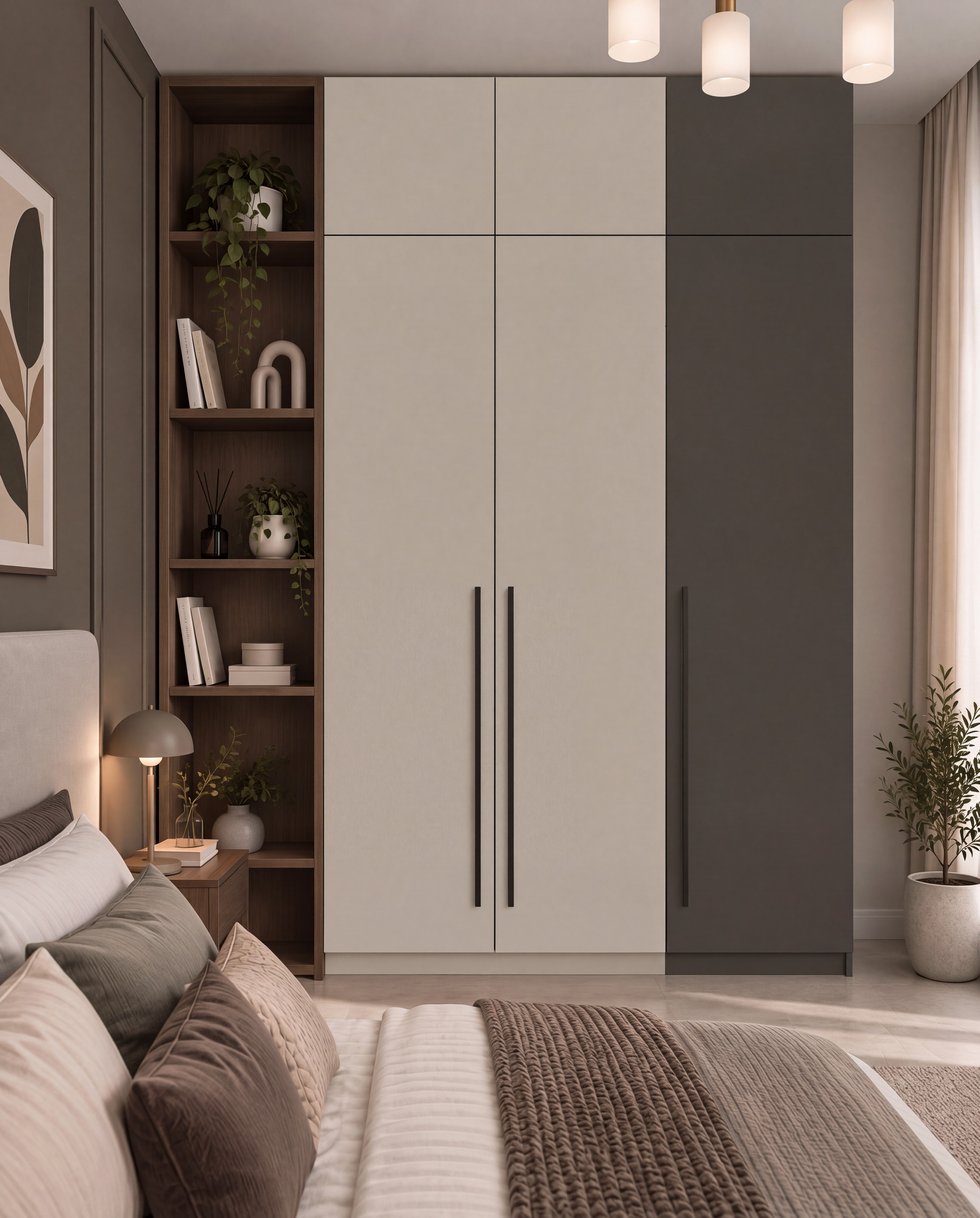 Bedroom Wardrobe with Almond Clay and Earth Graphite Dry Matt Laminate