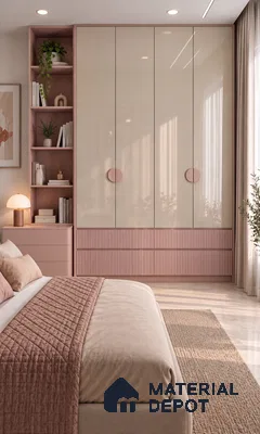 Bedroom Wardrobe with Almond High-Gloss and Peach Fluted Laminate