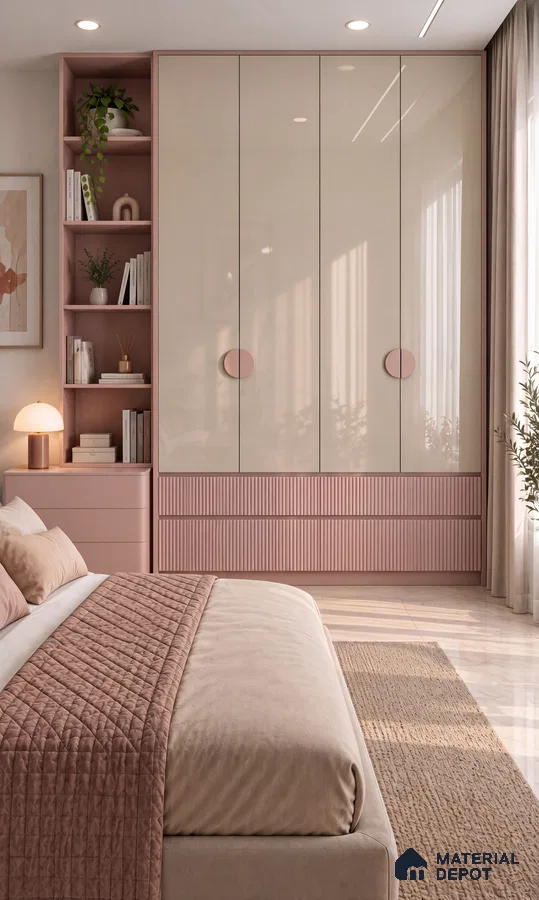 Bedroom Wardrobe with Almond High-Gloss and Peach Fluted Laminate