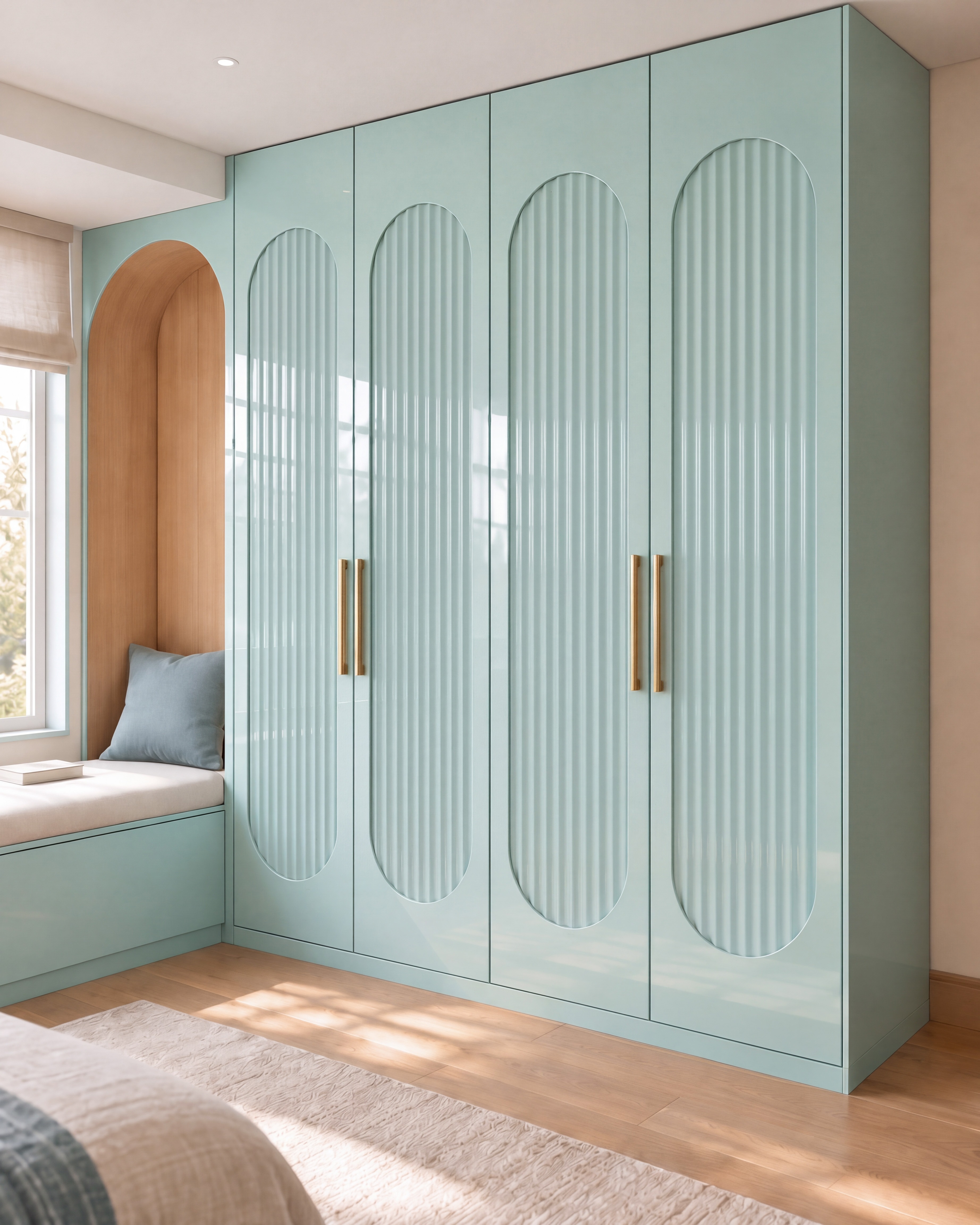 Bedroom Wardrobe with Azure Fluted Arch and Airy Blue High-Gloss Laminate