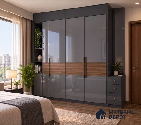 Bedroom Wardrobe with Charcoal High-Gloss Laminate, Walnut Band and Wood Floor