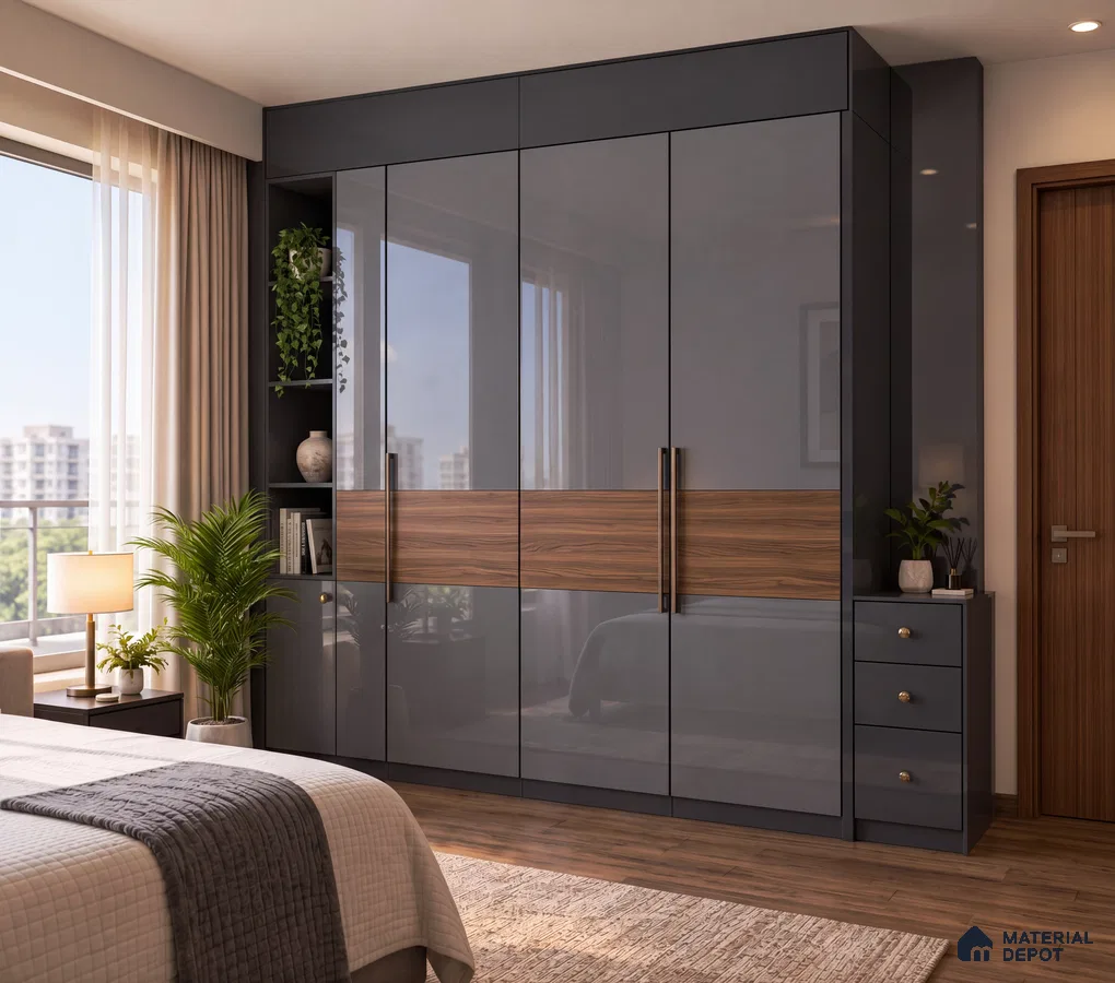 Bedroom Wardrobe with Charcoal High-Gloss Laminate, Walnut Band and Wood Floor