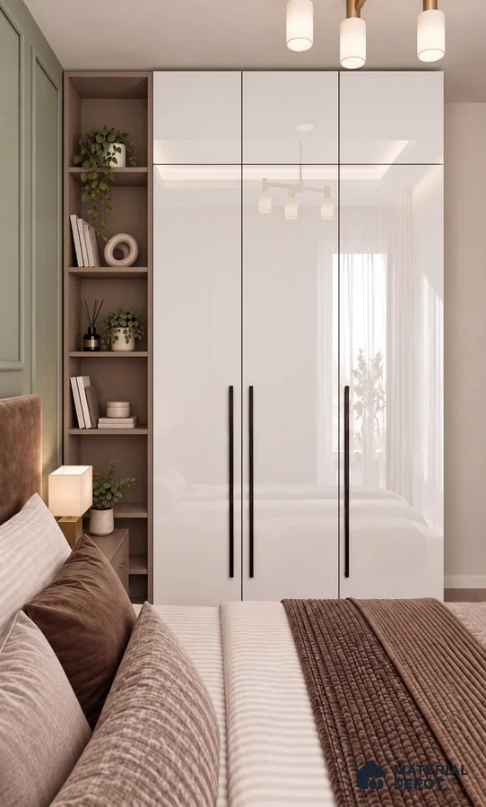 Bedroom Wardrobe with Chiffon White High-Gloss Laminate