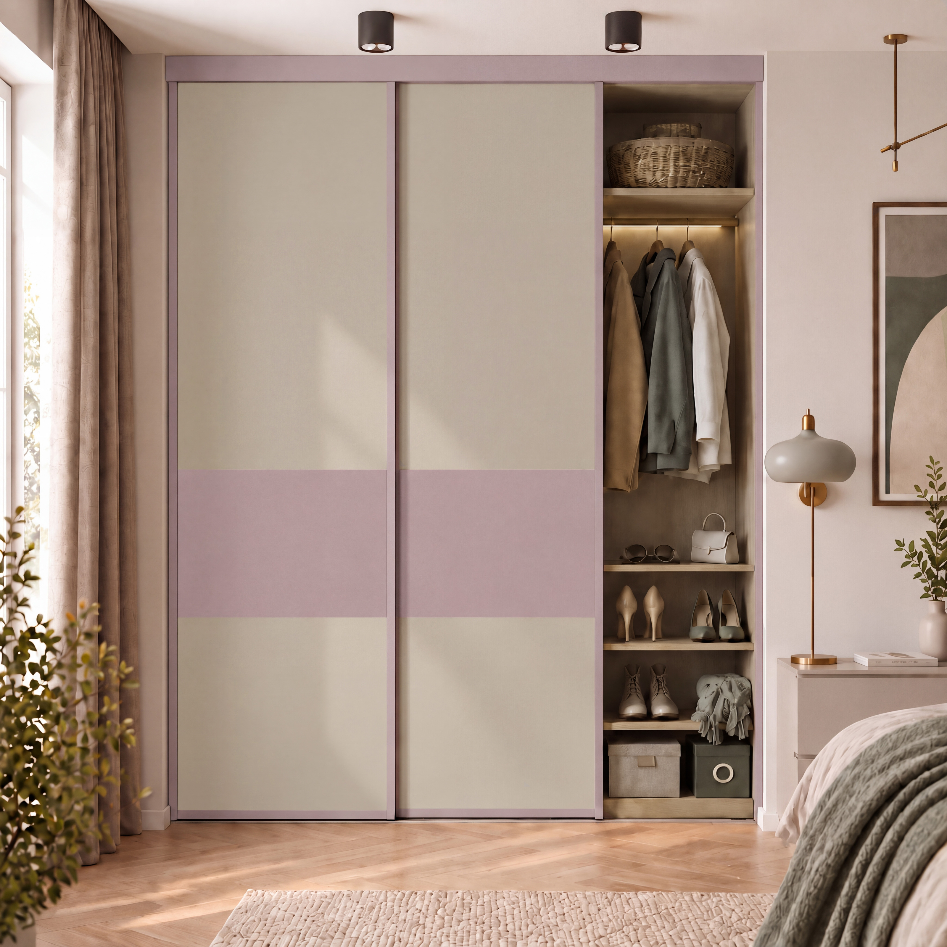 Bedroom Wardrobe with Cream and Lilac Matte Laminate and Walnut Wood Floor
