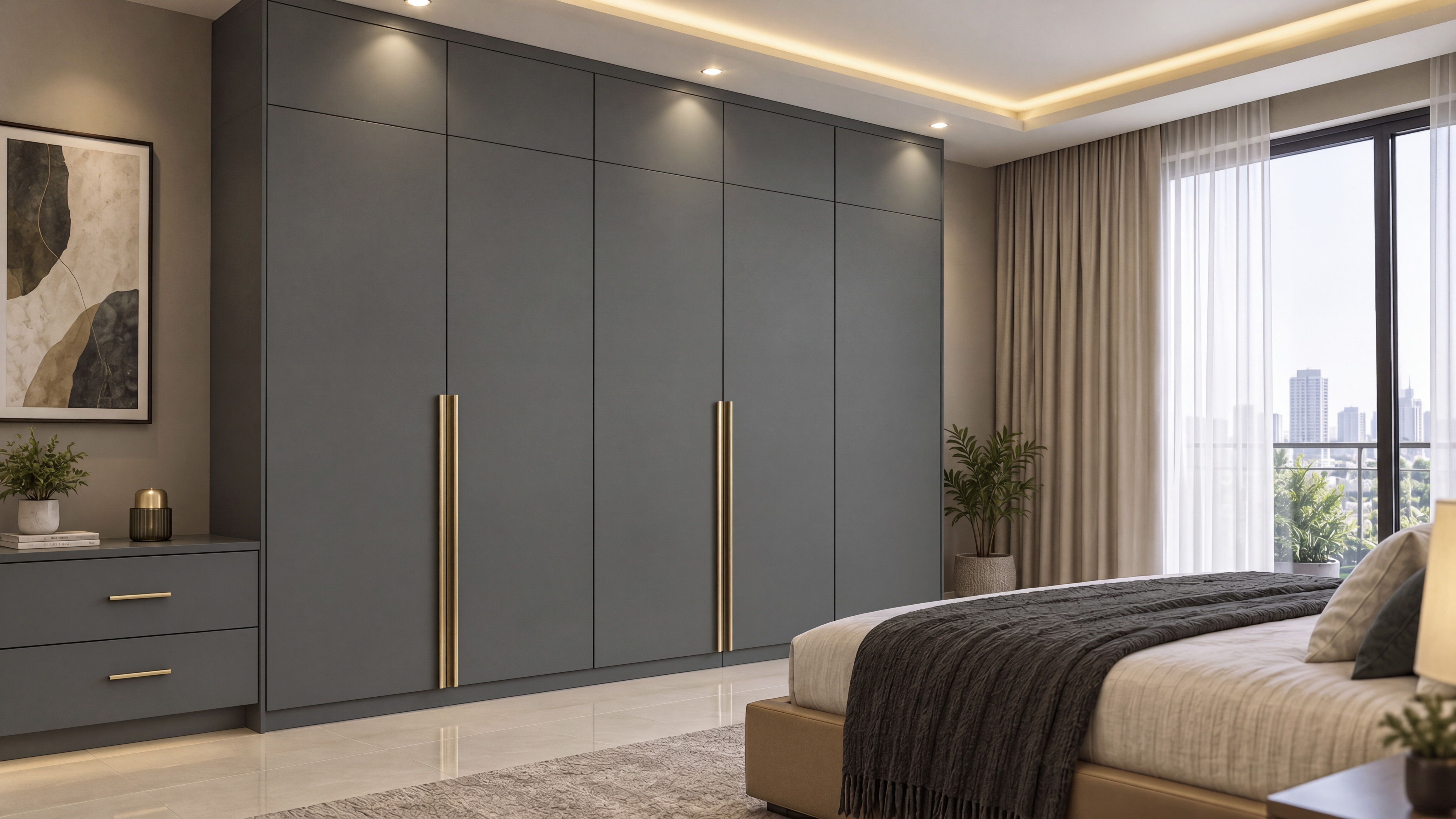 Bedroom Wardrobe with Deep Green Matte Laminate and Gold Handles
