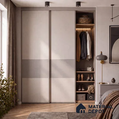 Bedroom Wardrobe with Dual-Tone Cream and Taupe Sliding Laminate Shutters
