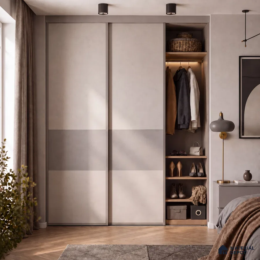 Bedroom Wardrobe with Dual-Tone Cream and Taupe Sliding Laminate Shutters