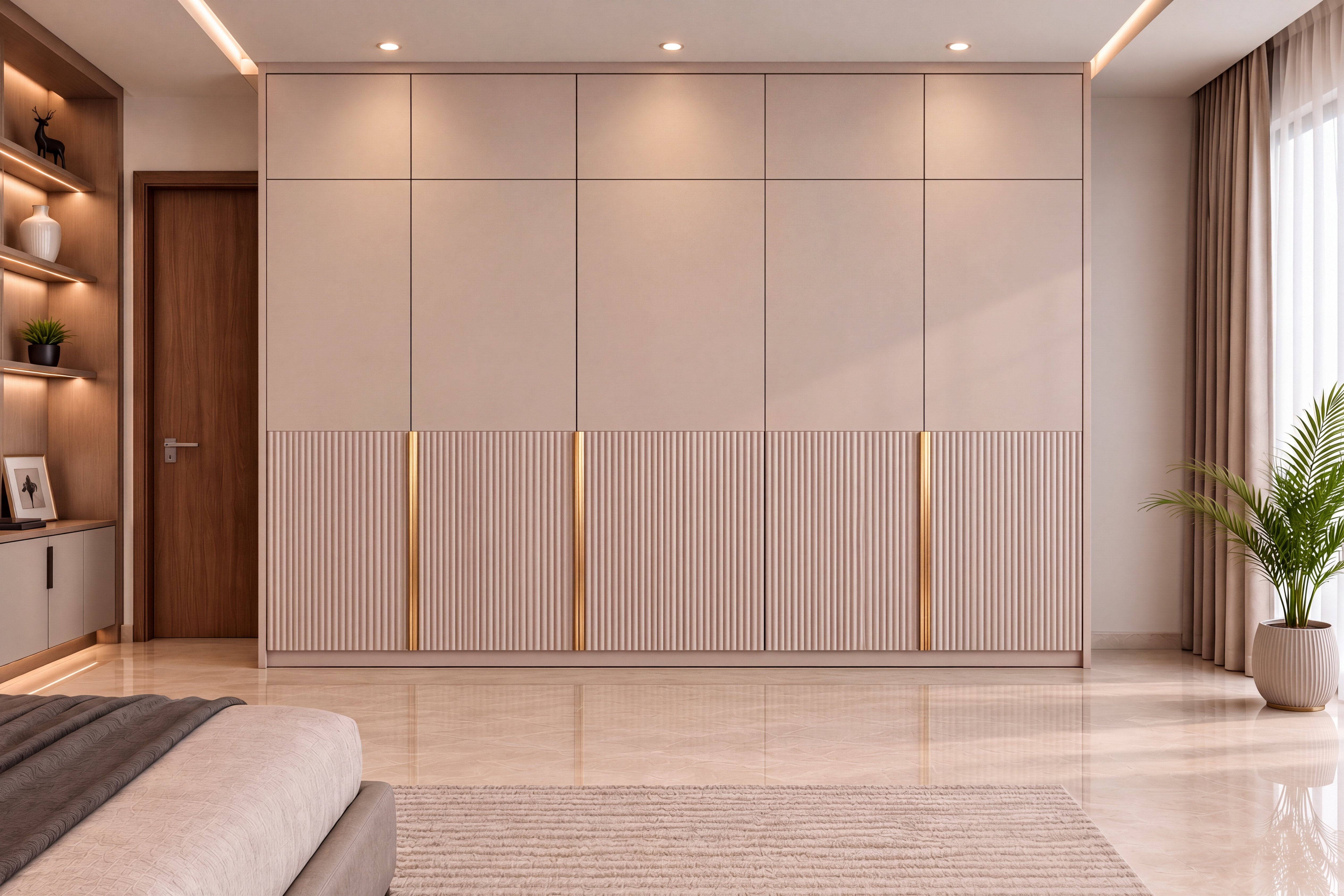 Bedroom Wardrobe with Dusty Nude Fluted Texture Laminate Shutters