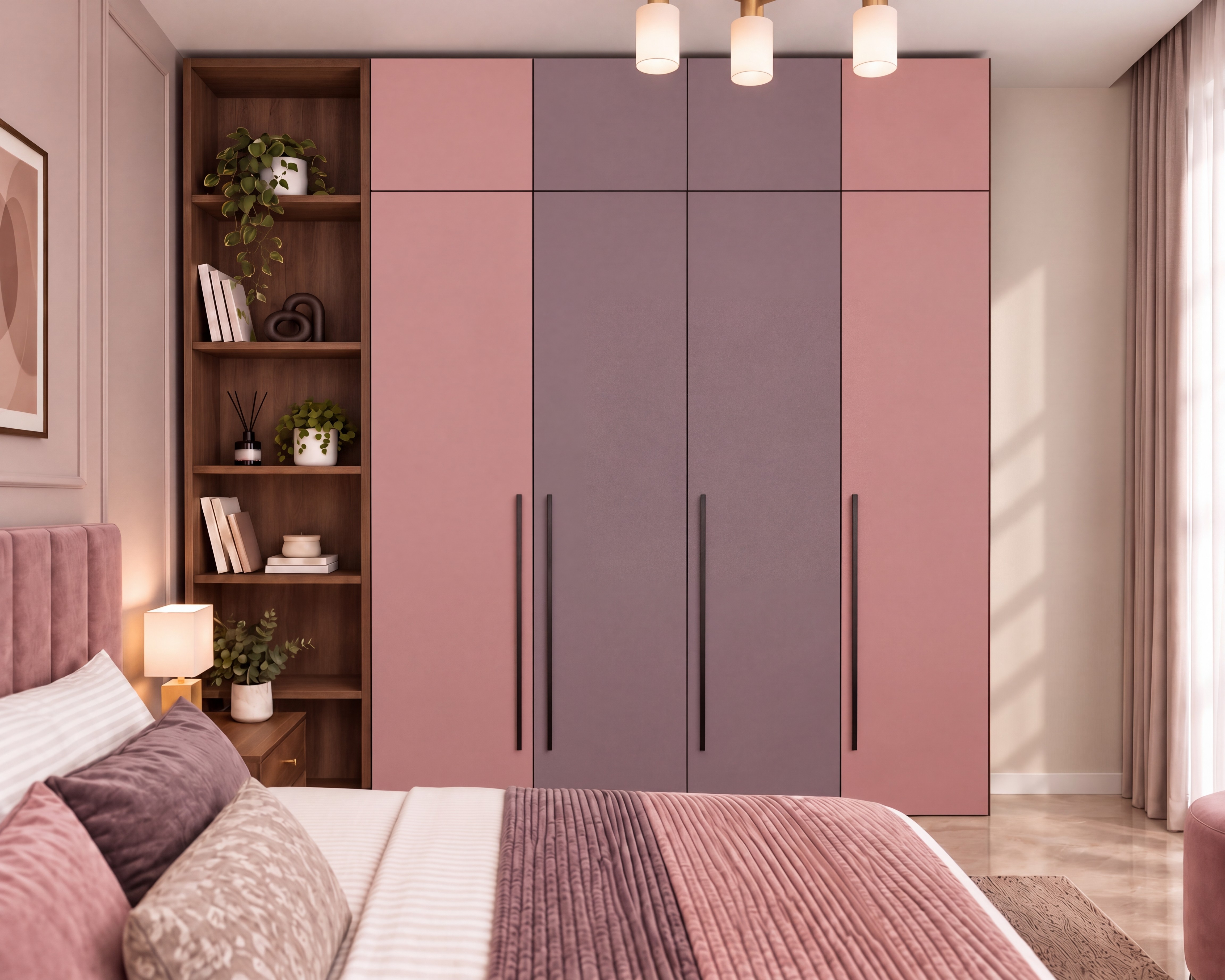 Bedroom Wardrobe with Dusty Pink and Amethyst Purple Suede Laminate