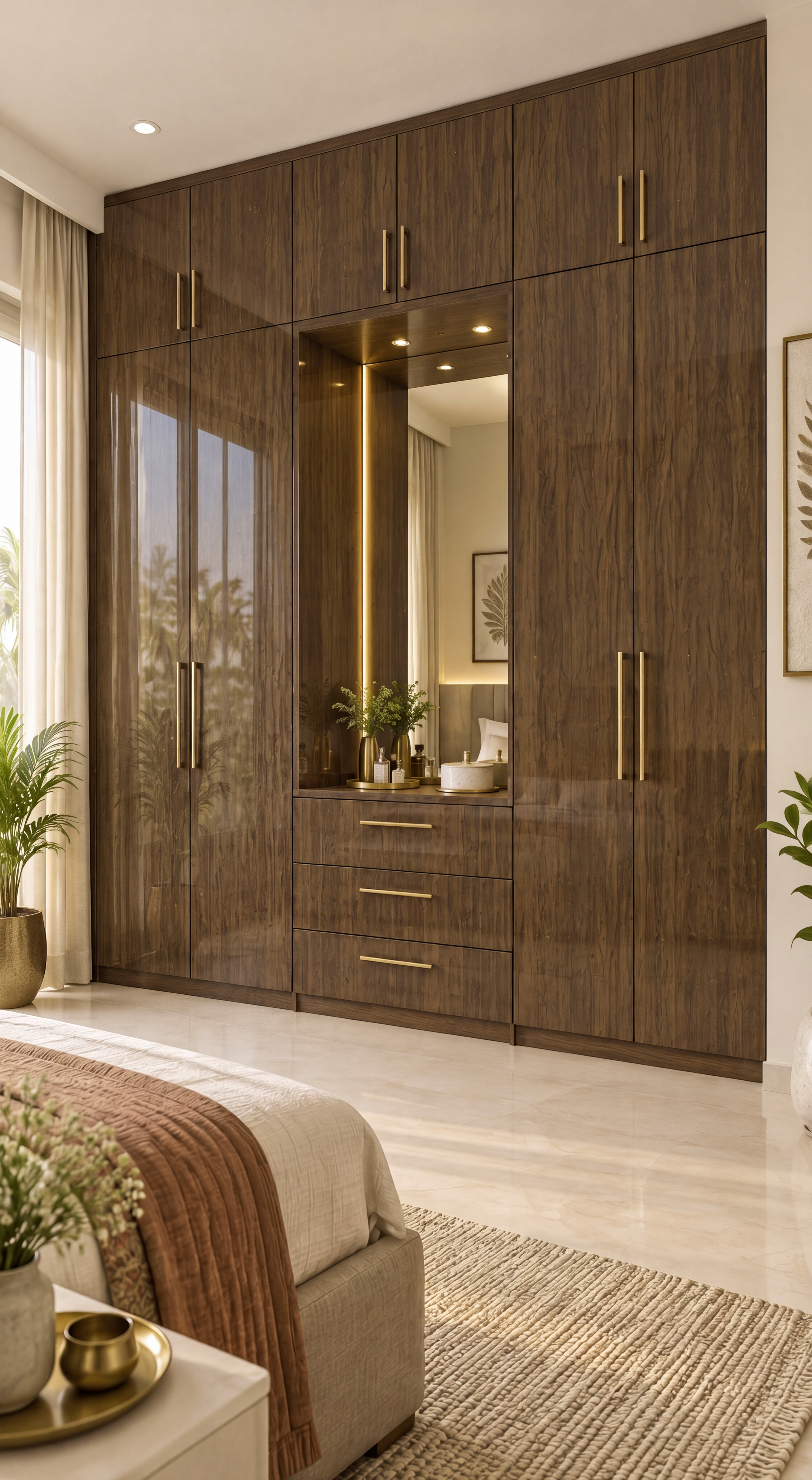 Bedroom Wardrobe with Glossy Smoke Walnut Laminate and Dresser Mirror