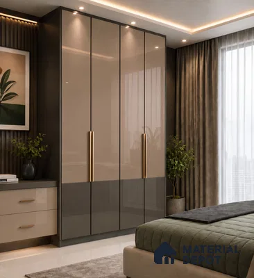 Bedroom Wardrobe with Golden Nude and Coffee Brown High-Gloss Laminate