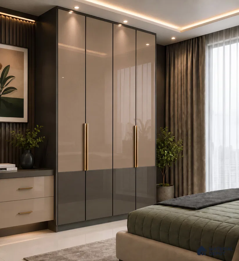 Bedroom Wardrobe with Golden Nude and Coffee Brown High-Gloss Laminate