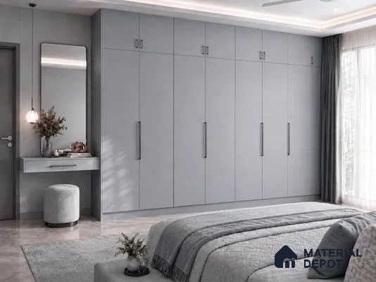 Bedroom Wardrobe with Grey-Blue Matte Laminate Shutters